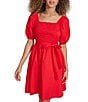 Color:Red - Image 4 - Smocked Square Neck Short Puff Sleeve Tie Waist Mini A-Line Dress
