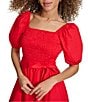 Color:Red - Image 5 - Smocked Square Neck Short Puff Sleeve Tie Waist Mini A-Line Dress