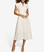 Color:White - Image 1 - Stripe Cotton Point Collar V-Neck Cap Dolman Sleeve Smocked Pleated Midi A-Line Dress