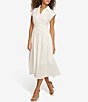 Color:White - Image 3 - Stripe Cotton Point Collar V-Neck Cap Dolman Sleeve Smocked Pleated Midi A-Line Dress