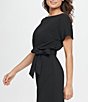 Color:Black - Image 6 - Textured Knit Boat Neck Self-Tie Waist Faux Wrap Blouson Dress