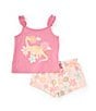Color:Pink - Image 1 - Little Girls 2T-6X Sleeveless Dinosaur Graphic Jersey Tank Top & Floral-Printed French Terry Shorts Set