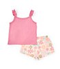 Color:Pink - Image 2 - Little Girls 2T-6X Sleeveless Dinosaur Graphic Jersey Tank Top & Floral-Printed French Terry Shorts Set
