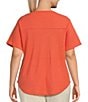 Color:Living Coral - Image 2 - Plus Size Waffle Knit Short Sleeve V-Neck Curved Hem Tee Shirt