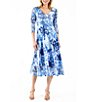 Color:Lavender Elm - Image 1 - Charmeuse Floral Print Lace Insert V-Neck 3/4 Sleeve Pleated A-Line Dress
