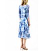 Color:Lavender Elm - Image 2 - Charmeuse Floral Print Lace Insert V-Neck 3/4 Sleeve Pleated A-Line Dress