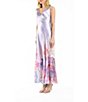 Color:Printed Iris - Image 3 - Charmuese Pleated Floral Print Scoop Neck Sleeveless Lace Up Back Maxi Dress