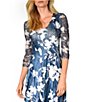 Color:Midnight Vine - Image 4 - V-Neck Sheer Hem 3/4 Sleeve Midnight Vine Floral Print Charmeuse Midi Dress