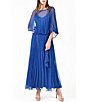Color:Navy - Image 1 - Pleated Chiffon Boat Neck Sleeveless Caplet Overlay Gown