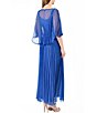 Color:Navy - Image 2 - Pleated Chiffon Boat Neck Sleeveless Caplet Overlay Gown