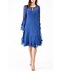 Color:navy - Image 1 - Pleated Chiffon Keyhole Neck Long Sleeve Fit and Flare Dress
