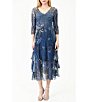 Color:Paisley Fleur - Image 1 - Pleated V-Neckline 3/4 Sleeve Tiered Chiffon With Lace Dress