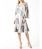 Color:Pewter Spiral - Image 1 - Printed Charmeuse Square Neck 3/4 Bell Sleeve Tiered Dress