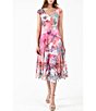 Color:Fuchsia Fire - Image 1 - Printed V-Neckline Cap Sleeve Pleated Lace Dress