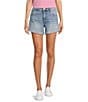 Color:Encourage - Image 1 - Jane High Rise Uneven Rolled-Up Raw Hem Stretch Denim Shorts
