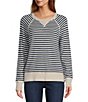 Color:Navy Stripe - Image 1 - Organic Cotton Slub Knit Stripe Print Crew Neck Long Sleeve Sweater