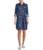 Color:Nautical - Image 1 - Print Point Collar Long Roll Tab Sleeve Pocketed Button Front Belted Shirt Dress