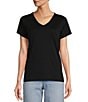 Color:Black - Image 1 - Pima Cotton V-Neck Short Sleeve Tee Shirt