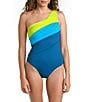 Color:Ocean - Image 1 - Island Goddess One Shoulder Color Blocked Shirred One Piece Swimsuit