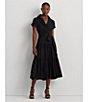 Color:Black - Image 4 - Cotton Blend Surplice Point Collar Short Sleeve Tie Belt Tiered Wrap Midi Dress