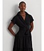 Color:Black - Image 6 - Cotton Blend Surplice Point Collar Short Sleeve Tie Belt Tiered Wrap Midi Dress