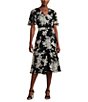 Color:Black - Image 1 - Crinkle Georgette Floral Print Surplice V-Neck Short Sleeve Midi Dress