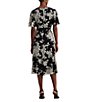 Color:Black - Image 2 - Crinkle Georgette Floral Print Surplice V-Neck Short Sleeve Midi Dress