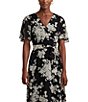 Color:Black - Image 3 - Crinkle Georgette Floral Print Surplice V-Neck Short Sleeve Midi Dress
