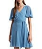 Color:Pale Azure - Image 3 - Crinkle Georgette Surplice Neck Flutter Sleeve Tie Waist Dress