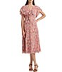Color:Pink Multi - Image 1 - Floral Georgette V Neckline Short Flutter Sleeve A-Line Midi Dress