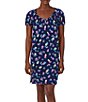 Color:Navy Print - Image 1 - Floral Print Short Sleeve V-Neck Nightgown