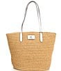 Color:Natural/White - Image 1 - Leather Trim Paper Straw Large Brie Tote Bag