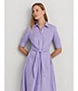 Color:Wild Lavender - Image 6 - Linen Tie Waist Point Collar Button Down Shirt Dress
