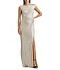 Color:Champagne/Silver - Image 1 - Metallic Boat Neckline Sleeveless Gown