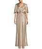 Color:Tan/Gold - Image 1 - Metallic V-Neck Sleeveless Cape Overlay Gown
