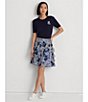 Color:Blue/Cream/Navy - Image 4 - Petite Size Floral Print Georgette Ruffle Trim A-Line Skirt