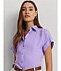 Color:Wild Lavender - Image 4 - Petite Size Linen Point Collar Dolman Rolled Cuff Sleeve Shirt