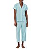 Color:Turquoise Stripe - Image 1 - Petite Size Short Sleeve Notch Collar Capri Pant Knit Striped Pajama Set