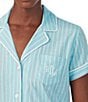 Color:Turquoise Stripe - Image 3 - Petite Size Short Sleeve Notch Collar Capri Pant Knit Striped Pajama Set
