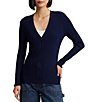 Color:Navy - Image 1 - Sarcaite Ribbed Knit Long Sleeve Button Front V-Neck Cardigan