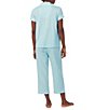 Color:Turquoise Stripe - Image 2 - Short Sleeve Notch Collar Capri Pant Knit Striped Pajama Set
