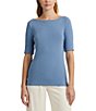 Color:Pale Azure - Image 1 - Stretch Cotton Blend Boat Neck Short Rolled Sleeve Shirt