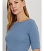 Color:Pale Azure - Image 4 - Stretch Cotton Blend Boat Neck Short Rolled Sleeve Shirt