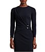 Color:Navy - Image 3 - Stretch Jersey Round Neck 3/4 Sleeve Ruched Dress