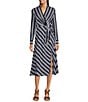 Color:Navy/White - Image 1 - Striped Print Tie Front Faux Wrap V-Neck Long Sleeve Midi Dress