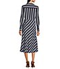 Color:Navy/White - Image 2 - Striped Print Tie Front Faux Wrap V-Neck Long Sleeve Midi Dress