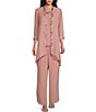 Color:Rose Gold - Image 1 - Round Neck 3/4 Sleeve Embroidered Sequin Trim 3-Piece Pant Set