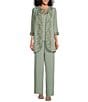 Color:Sage - Image 1 - Round Neck 3/4 Sleeve Embroidered Trim Duster 3-Piece Pant Set