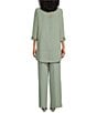 Color:Sage - Image 2 - Round Neck 3/4 Sleeve Embroidered Trim Duster 3-Piece Pant Set