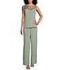 Color:Sage - Image 3 - Round Neck 3/4 Sleeve Embroidered Trim Duster 3-Piece Pant Set